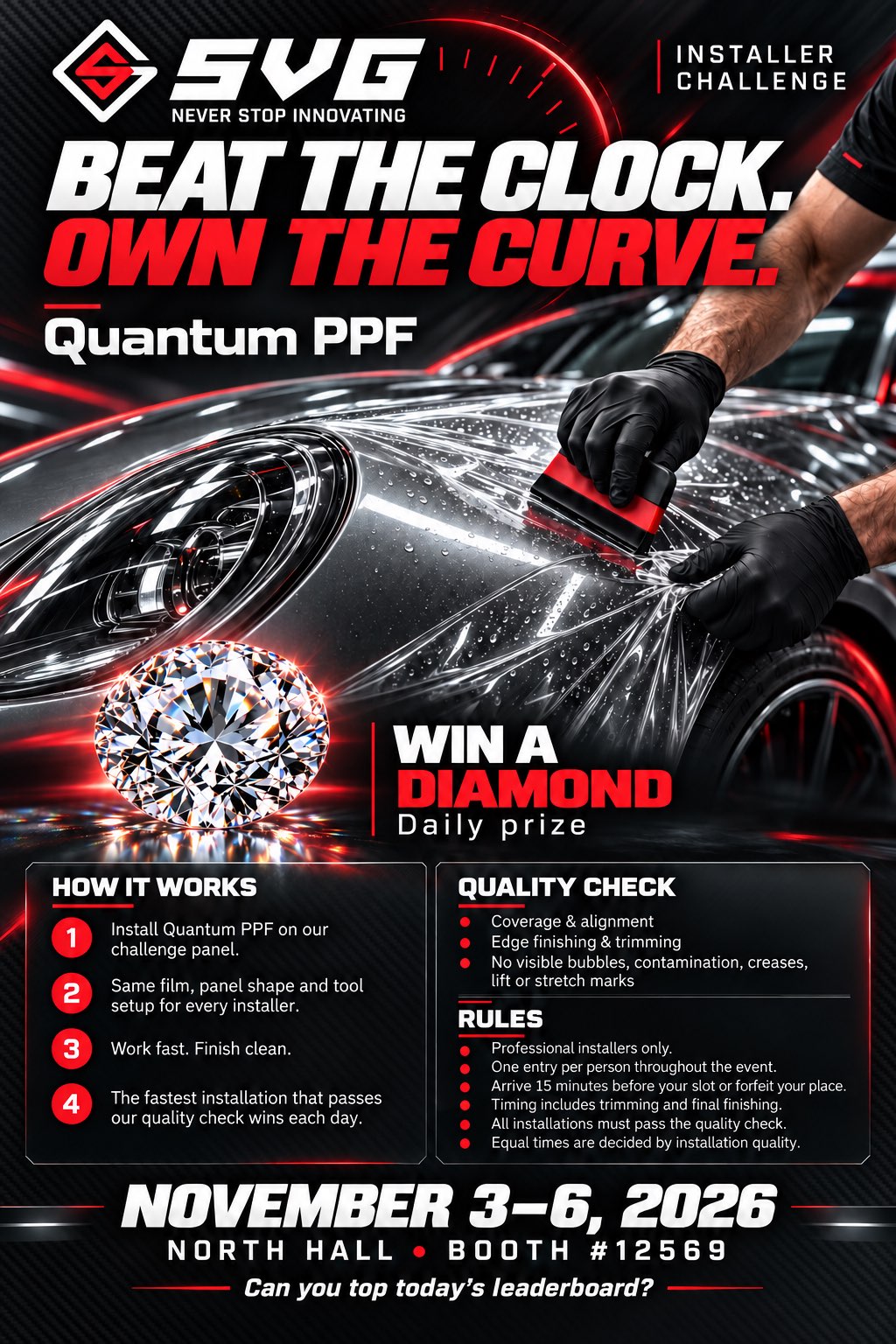 SVG Installer Challenge poster: Beat the clock. Own the curve. Win a diamond, daily prize. November 3–6, 2026, North Hall, Booth #12569.